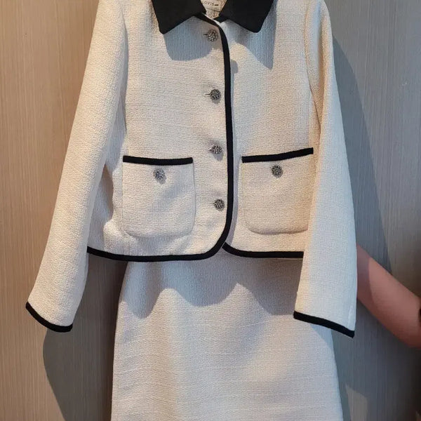 [BUNJANG] Clovice Tweed Set-up (Jacket & Skirt) - Cream White, Detachable Collar, Size 55 / (새제품) 클로비스 트위드 셋업 55, 카라 탈부착