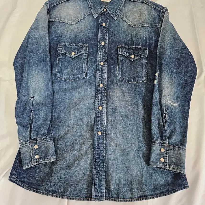 [BUNJANG] Saint Laurent Distressed Denim Western Shirt / 생로랑 디스트로이드 데님 웨스턴 셔츠