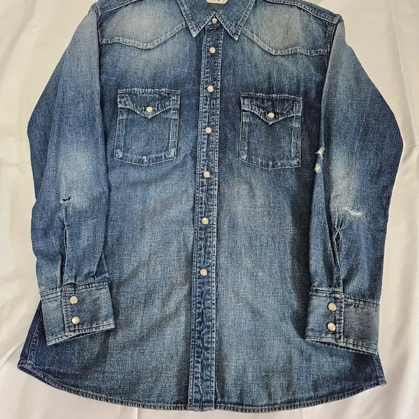 [BUNJANG] Saint Laurent Distressed Denim Western Shirt / 생로랑 디스트로이드 데님 웨스턴 셔츠