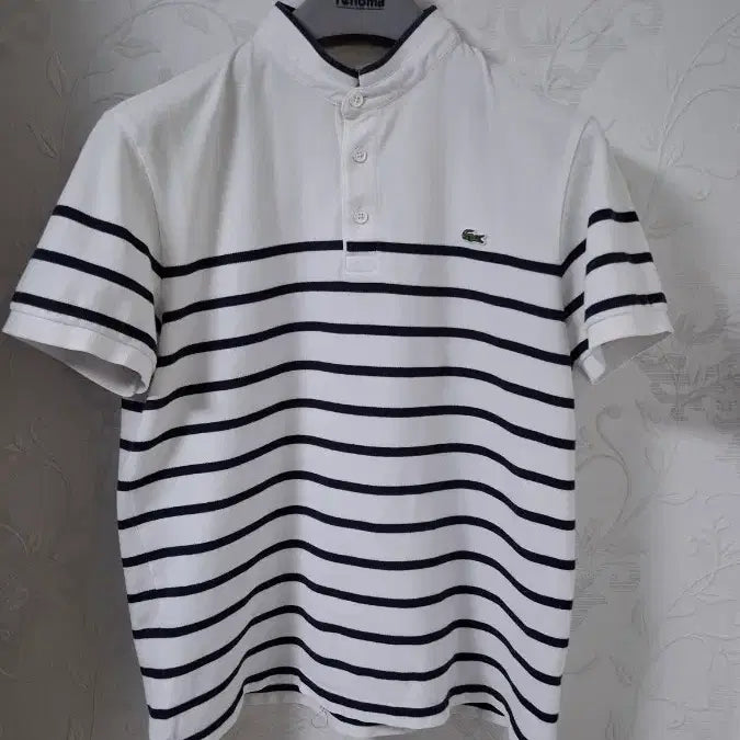 [BUNJANG] Lacoste Slim Fit White/Navy Stripe Henry Neck Short Sleeve Polo Shirt / (한국산) 라코스테 헨리넥 차이나카라 반팔티 100 슬림핏