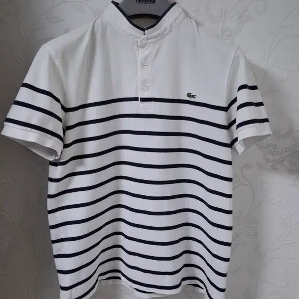 [BUNJANG] Lacoste Slim Fit White/Navy Stripe Henry Neck Short Sleeve Polo Shirt / (한국산) 라코스테 헨리넥 차이나카라 반팔티 100 슬림핏