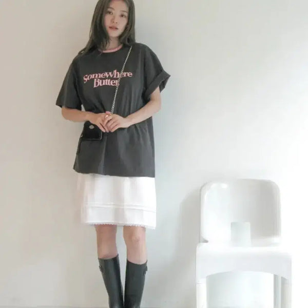 [BUNJANG] Somewhere Better Wave Logo Oversized T-shirt Charcoal / 썸웨어버터 웨이브 로고 오버핏 티셔츠 차콜