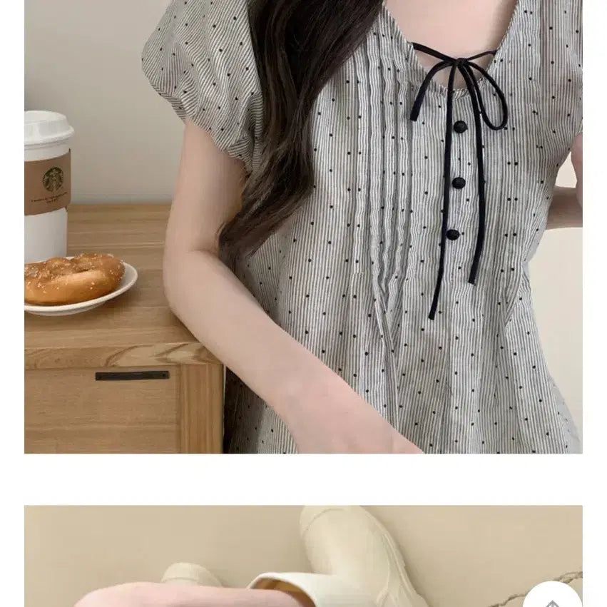 [BUNJANG] Bean Button Dot Summer Blouse / 콩단추 도트 여름 블라우스