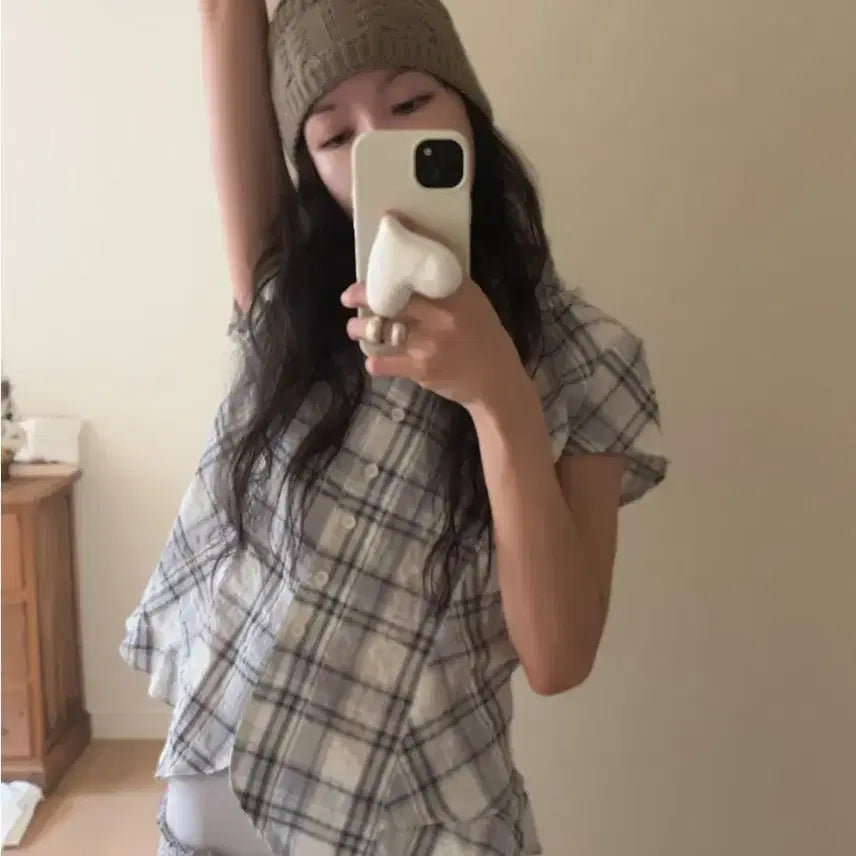 [BUNJANG] Dearest Maybybaby Check Grey Short Sleeve Blouse Shirt / 디어리스트 Dearest 메이비베이비 체크 그레이 셔츠 반팔 블라우스
