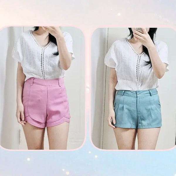 [BUNJANG] White V-Neck Punch Short Sleeve Blouse / [새상품] 화이트 브이넥 펀칭 반팔 블라우스