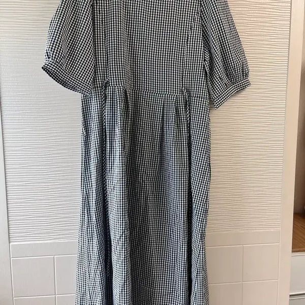 [BUNJANG] Checkered Long Dress with Puff Sleeves / 체크무늬 롱 원피스