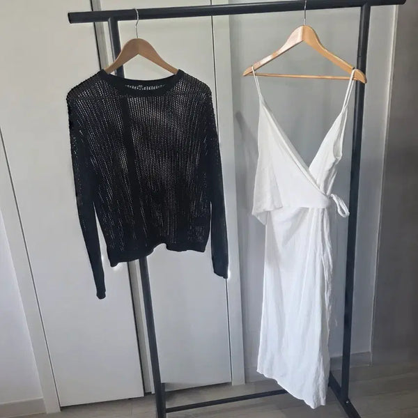 [BUNJANG] Black Knit & White Strap Dress Set / 블랙 니트  &끈 흰색 원피스 세트