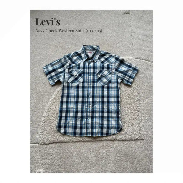 [BUNJANG] Levi's Navy Check Short-Sleeve Western Shirt / Levi's 네이비 체크 웨스턴 셔츠 (103-105)