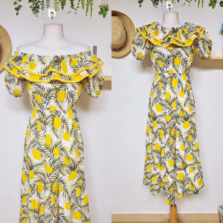 [BUNJANG] Lemon Open Shoulder Ruffle Long Dress Yellow / 레몬열린 오프숄더 프릴 롱원피스 55 66 옐로우