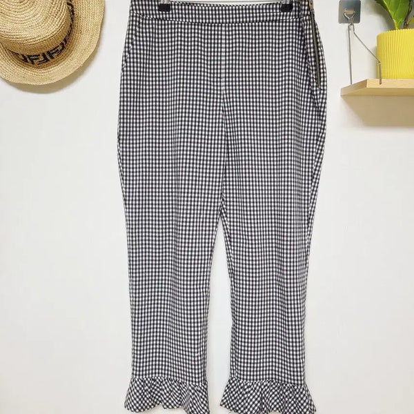 [BUNJANG] Kenneth Lady Frill 9-part Summer Pants Black Check / 케네스레이디 프릴 9부썸머팬츠 66 스판 블랙체크