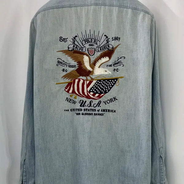 [BUNJANG] Polo Ralph Lauren Heritage Eagle Flag Embroidered Dungaaree Work Shirt / 폴로 랄프로렌 헤리티지 이글플레그 엠브로이더 덩가리 워크 셔츠