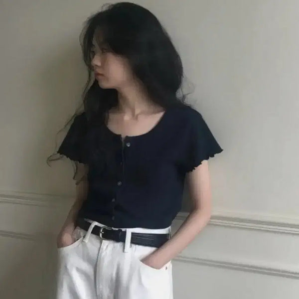 [BUNJANG] Archive J2U Fran Short Sleeve Cardigan Navy / 아카이브제이투유 프랑 반팔가디건 네이비