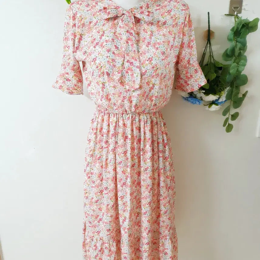 [BUNJANG] Ribbon Tie Flower Chiffon Dress / 리본타이 플라워 쉬폰원피스 55 66 핑크
