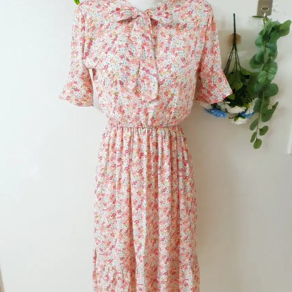 [BUNJANG] Ribbon Tie Flower Chiffon Dress / 리본타이 플라워 쉬폰원피스 55 66 핑크