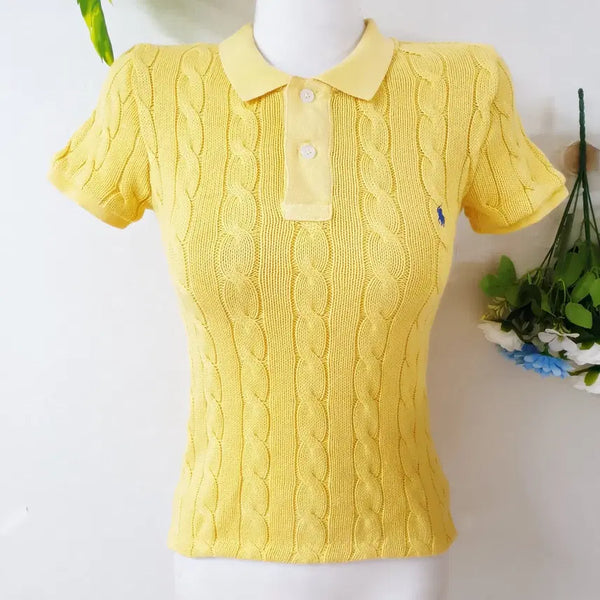 [BUNJANG] Polo Ralph Lauren Women's Cotton Cable Knit Short Sleeve Polo Shirt Yellow S / 폴로 정품 카라반팔 꽈배기니트 55 옐로우 S
