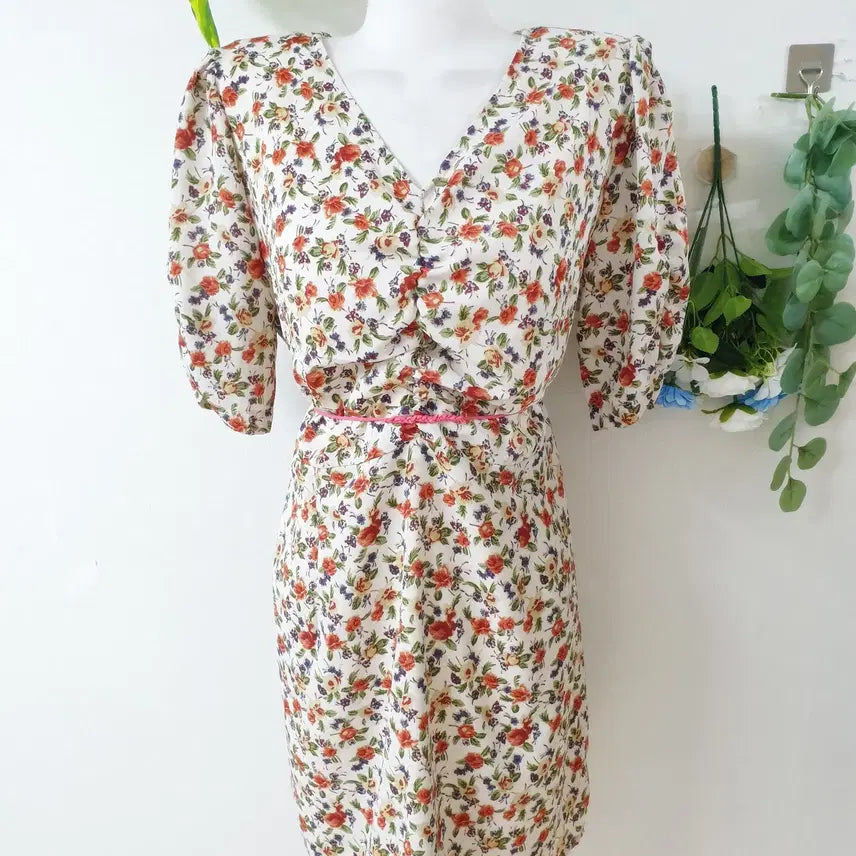 [BUNJANG] Hotping Floral Botanical Chiffon Dress (Size 77-88) / 핫핑 77 88 빅사이즈 플로럴 보태니컬 앞셔링 쉬폰원피스