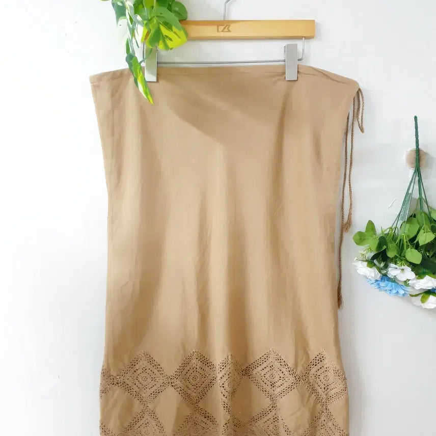 [BUNJANG] Cotton-Linen Blend Crochet Trim Waist Tie Linen Skirt Beige / 77~99 마혼방 밑단뜨개 허리끈조임 린넨스커트 베이지