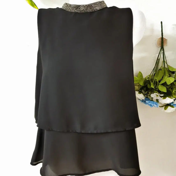 [BUNJANG] Zara Embellished Jewel Neck Chiffon Blouse Black / 자라 엠벨리쉬드비쥬넥 쉬폰블라우스 55 블랙