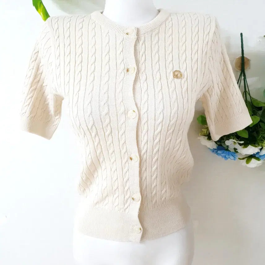 [BUNJANG] Clovice Cable Knit Cropped Cardigan (Size 66, Light Beige) / 클로비스 상태깨끗 꽈배기 반팔니트 크롭가디건 66 밝은베이지
