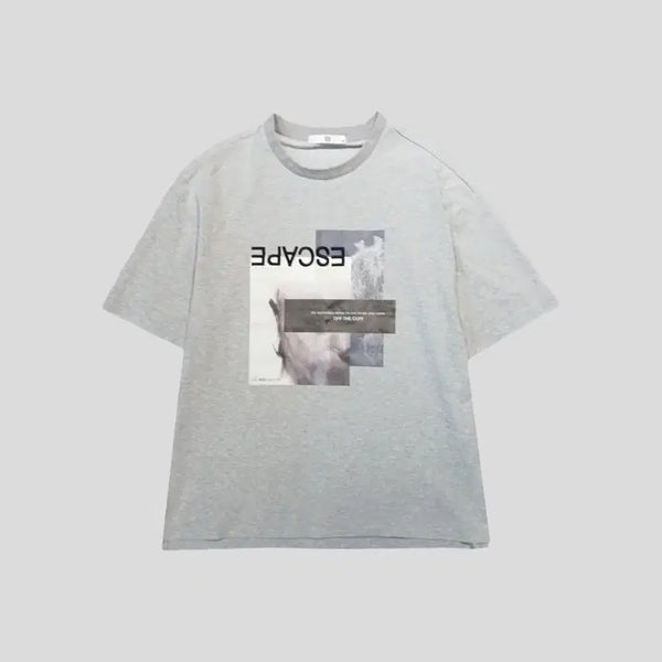 [BUNJANG] ZIOZIA Melange Grey ESCAPE Graphic Printing Cotton Nylon Blend Half T-Shirt / 지오송지오 멜란지그레이 ESCAPE 그래픽 프린팅 코튼 나일론 블렌드 반