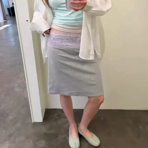 [BUNJANG] Lace Midi Skirt / 레이스 새깅 미디 스커트( 그레이 , 차콜) )) 에눌가능