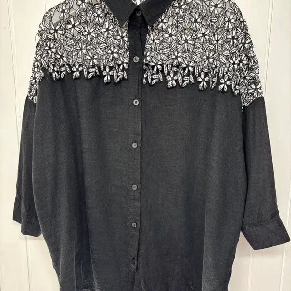 [BUNJANG] Leaf Lace Black Blouse (Size F) / 잎사귀 레이스 블랙 블라우스 F ㅡ0712