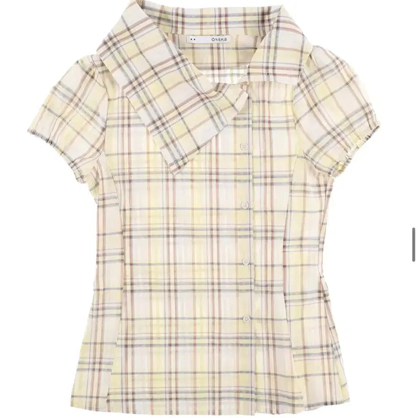 [BUNJANG] Onska Drape Collar Blouse Yellow Check / Onska drape collar blouse (yellow check)