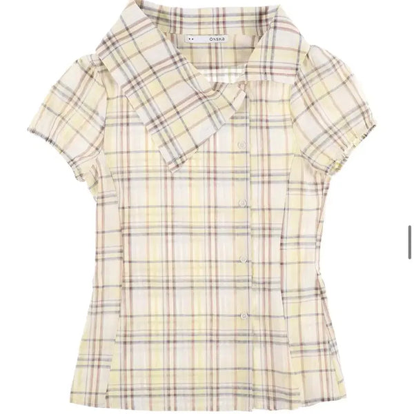 [BUNJANG] Onska Drape Collar Blouse Yellow Check / Onska drape collar blouse (yellow check)