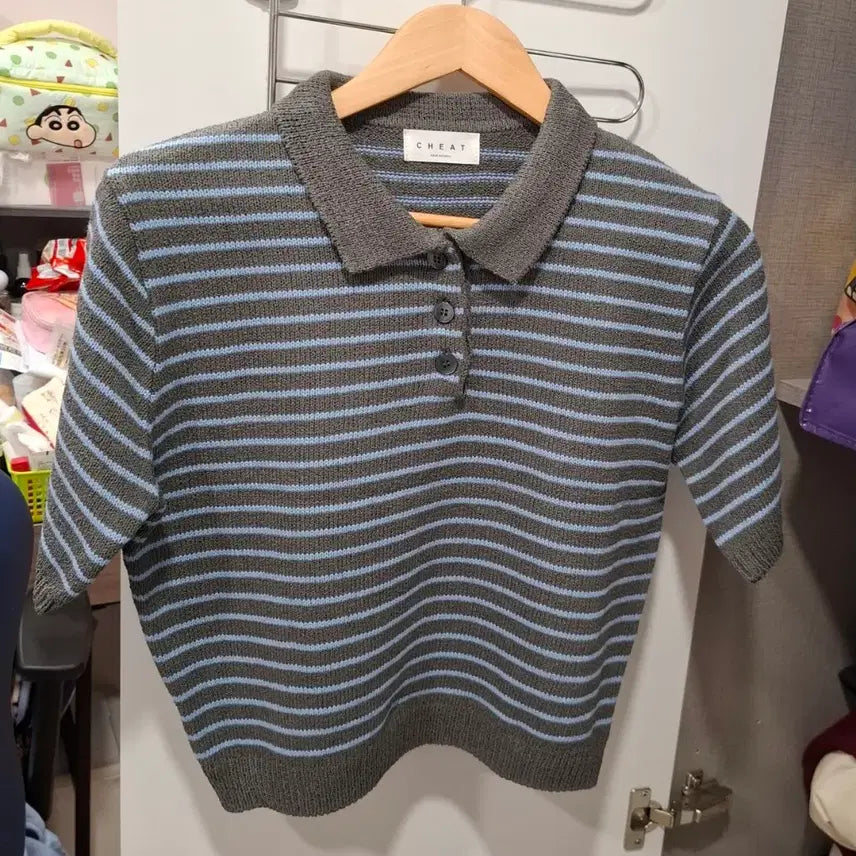 [BUNJANG] CHEAT Tweed Knit Striped Collar Short Sleeve T-shirt (New) / CHEAT 트위드 니트 단가라 카라 반팔(새상품)