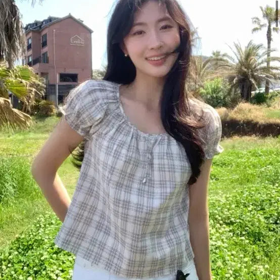 [BUNJANG] Moabin Checkered Blouse & White Denim Pants Set / 모아빈 체크블라우스 흰데님s 둘다 새상품 세트 판매