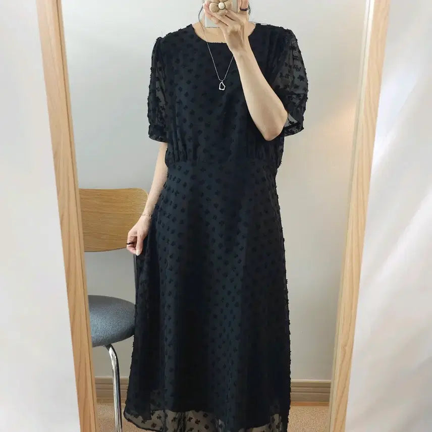 [BUNJANG] White Bear Women's Polka Dot Puff Sleeve Long Dress / (1)White Bear 여성 반팔 롱 원피스 도트 퍼프 블랙 M5W4316