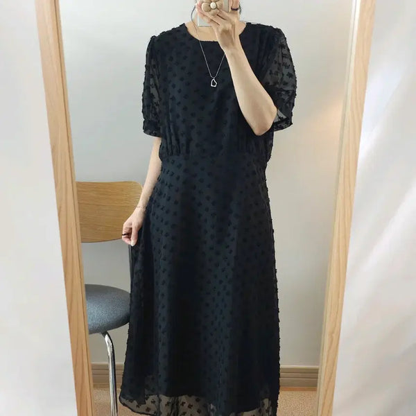 [BUNJANG] White Bear Women's Polka Dot Puff Sleeve Long Dress / (1)White Bear 여성 반팔 롱 원피스 도트 퍼프 블랙 M5W4316