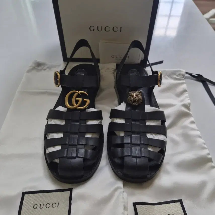 [BUNJANG] Gucci Double G Feline Head Strap Men's Sandals Black Rubber / (정품) 구찌 더블G 스트랩 남성샌들