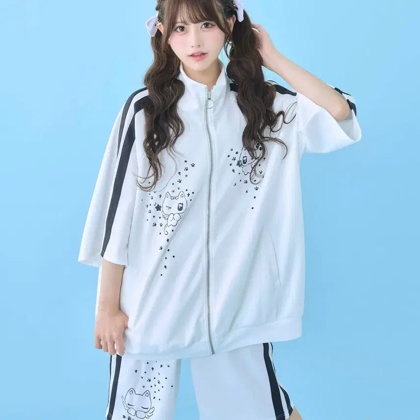 [BUNJANG] Hauls NyanKo Emoticon Jersey Short Sleeve Setup / hauls 하울스 냥코 이모디콘 저지 반팔 셋업