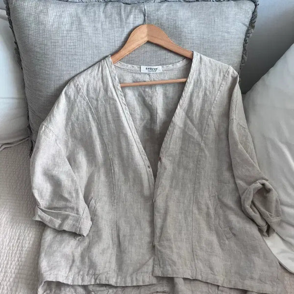 [BUNJANG] Women's Linen V-Neck Oversized Cardigan / 여자 린넨 브이넥 오버핏 가디건 (얼룩존재)