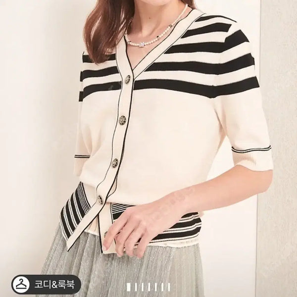 [BUNJANG] MINE Stripe Color-Block V-Neck Short-Sleeve Knit Cardigan / 한섬 마인 MINE 스트라이프 배색 브이넥 반팔 니트 가디건
