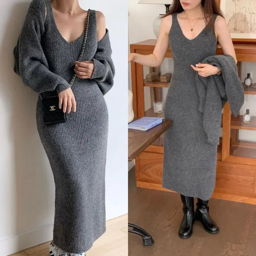 [BUNJANG] Ribbed Knit Sleeveless Maxi Dress - Charcoal Grey / 쫀쫀한 골지 니트 나시 롱원피스 브이넥 차콜 그레이