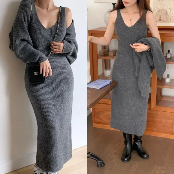 [BUNJANG] Ribbed Knit Sleeveless Maxi Dress - Charcoal Grey / 쫀쫀한 골지 니트 나시 롱원피스 브이넥 차콜 그레이
