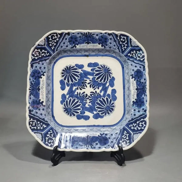 [BUNJANG] Antique Japanese Ko-Imari Celadon Porcelain Hexagonal Square Large Platter (36.2cm) / 골동품 청화백자 능화형 사각 대반 (36.2cm)