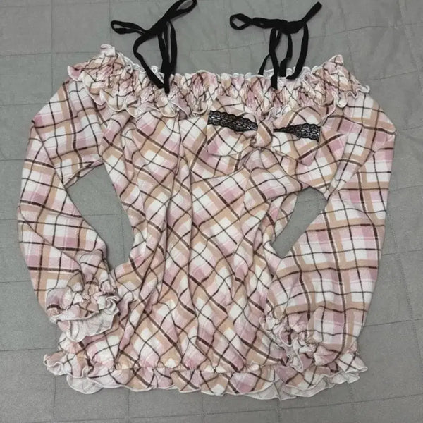 [BUNJANG] Trallala Argyle Check Big Ribbon Off-Shoulder Knit / 트랄라라 리즈리사 아가일 체크 딸초 프릴 빅리본 오프숄더 니트
