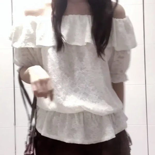 [BUNJANG] Japanese Vintage Hime Gyaru Mori Girl Off-Shoulder Blouse / 일본 빈티지 히메갸루 모리걸 오프숄더 블라우스 반팔 레이스