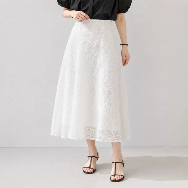[BUNJANG] Elegant Lace Long Flare Skirt (Waist Banding, White/Black) / [새상품] 우아한 레이스 롱 플레어 스커트 (허리밴딩, 화이트/블랙)