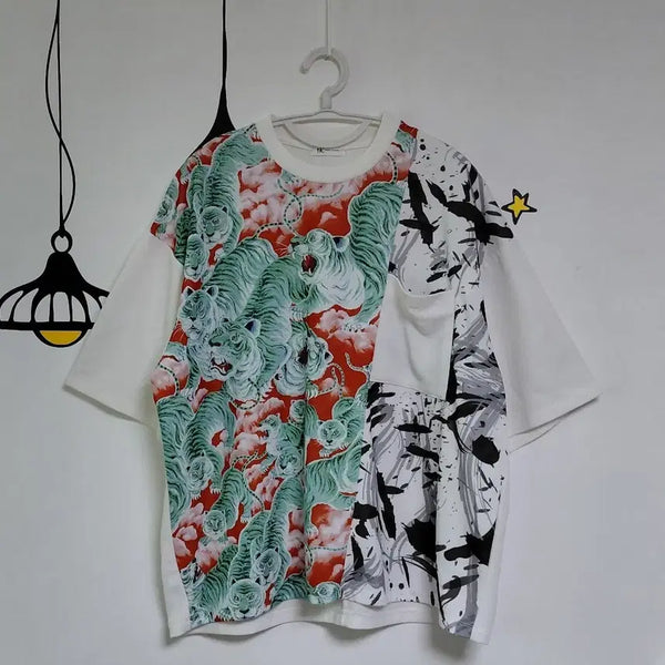 [BUNJANG] tk.TAKEO KIKUCHI White Tiger Patchwork Oversized Short-Sleeve T-Shirt / [M] tk.TAKEO KIKUCHI 백호 패치워크 오버핏 반팔티