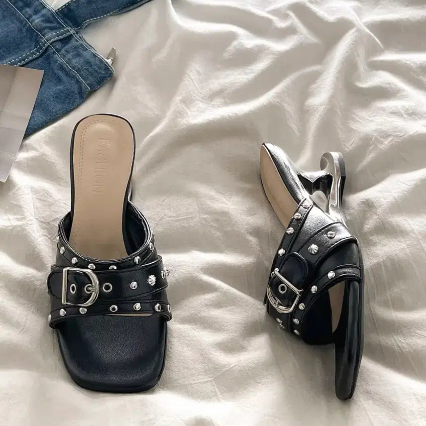 [BUNJANG] Mischief Sculpter Metallic Buckle Mule Shoes (Size 240) / 미착용 새것 스퀘어 메탈릭 버클 벨트 뮬 240사이즈 미스치프 스컬프터