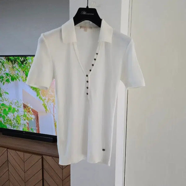 [BUNJANG] Michael Kors Women's Cotton Ribbed Polo Shirt Ivory (Size 55) / (정품)마이클 코어스 카라티셔츠 55