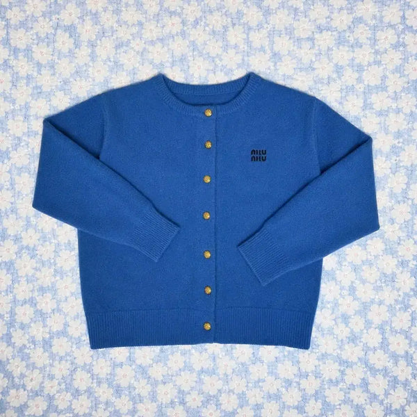 [BUNJANG] Miu Miu Logo Gold Button Blue Knit Cardigan Women's / 미우미우 로고 골드버튼 블루 니트 가디건 여성