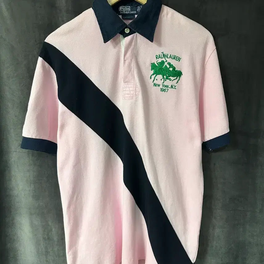 [BUNJANG] Polo Ralph Lauren Custom Fit Rugby Polo T-Shirt - Pink/Navy (Actual Size L) / 폴로 랄프 로렌 커스텀핏 럭비 폴로 반팔 PK티 핑크 네이비 실측L