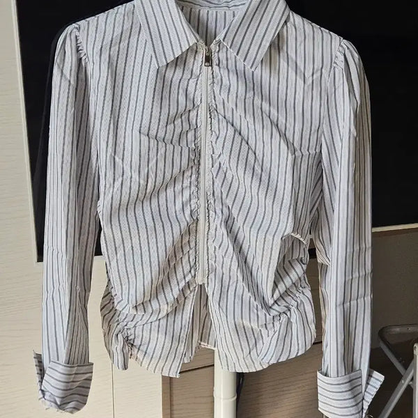 [BUNJANG] Stripe Shirring Windbreaker Zip-Up / 스트라이프 셔츠 집업