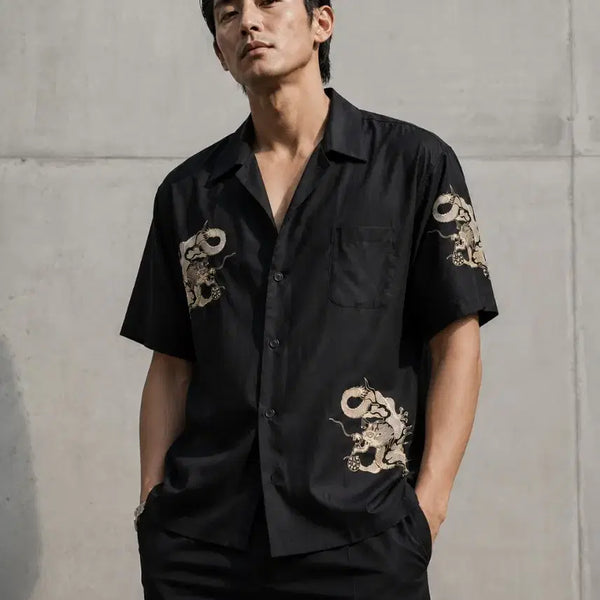 [BUNJANG] UNO CORE Dragon Print Linen-Blend Men's Short Sleeve Shirt Black / 큰형님 빅보스 드래곤 용 프린트 남성 반팔 셔츠 블랙 린넨 95 100