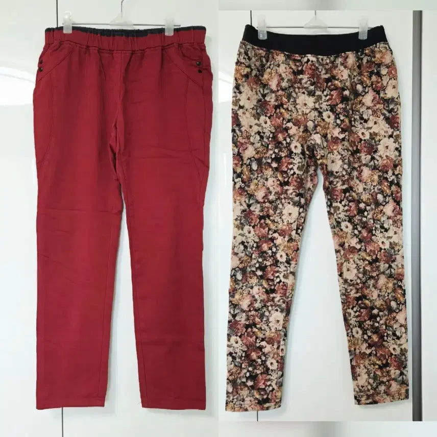 [BUNJANG] Women's Pants Bundle Set (Burgundy / Floral Pattern) / 여성바지 2종 일괄 (버건디/플라워)